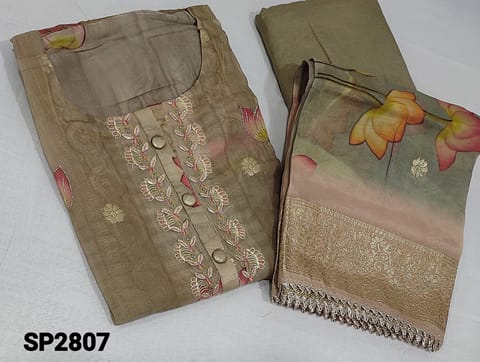 CODE SP2807: Designer Digital Floral Printed Greyish Beige pure Organza Unstitched Salwar materials(lining needed) with thread, gota and embroidery work on yoke, zari weaving buttas on frontside, round neck, matching santoon bottom, Digital floral printed and zari woven buttas on organza dupatta with brocade borders and gota lace tapings. (can fit up to XL size)
