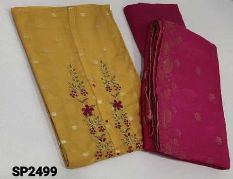 CODE SP2499: Premium Mehandhi Yellow soft Silk Cotton unstitched Salwar material(requires lining) with embroidery, french knot, zardozi work on yoke, zari woven buttas on frontside, pink soft cotton bottom, antique zari woven buttas on dola silk dupatta