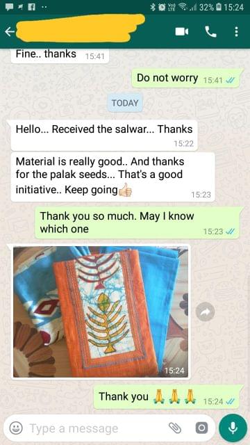 Received the salwar.. Thanks... Material is really good.. And thanks for the palak seeds.... That's a good initiative.. Keep going good. - Reviewed on 14-Feb-2019