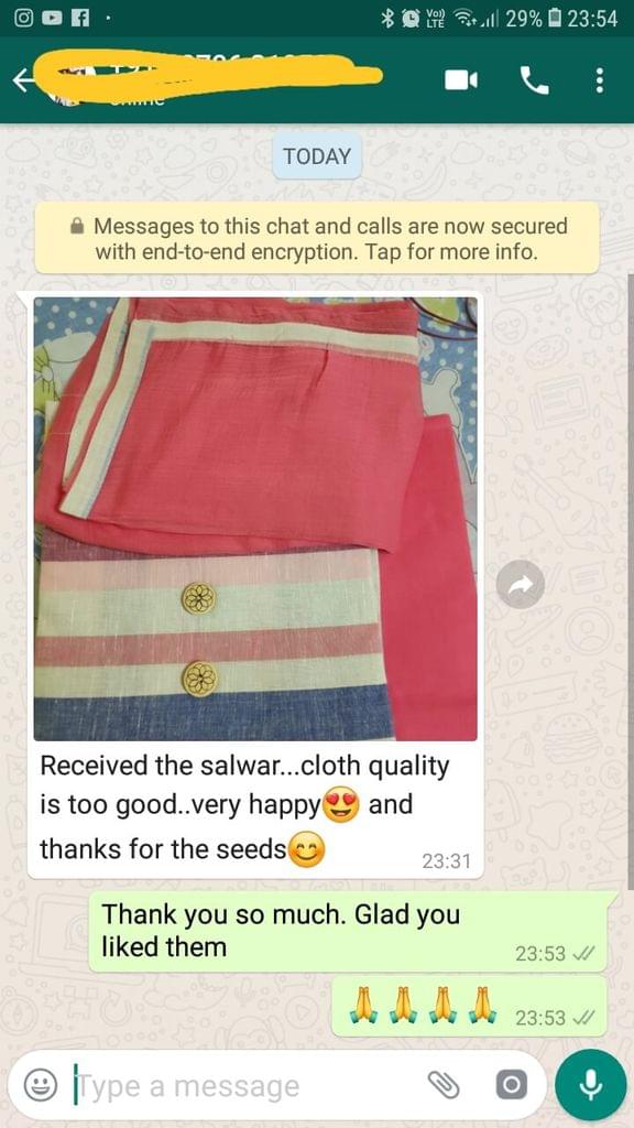 Received the salwar... Cloth quality is too good... Very happy... Thanks for the seeds.  - Reviewed on 25-Feb-2019