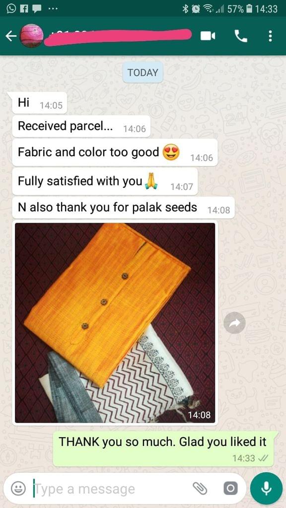Received parcel... Fabric and color too good... Fully satisfied with you thanks.... On also thank you for palak seeds. -Reviewed on 28-Mar-2019