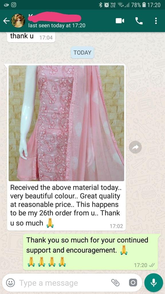 Received the above material today... Very beautiful colour... Great quality at reasonable picture... This happens to be my 26th order from you... Thank you so much. -Reviewed on 01-April-2019