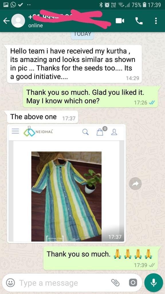 I have received my kurtha, It's amazing and looks similar as shown in picture... Thanks for the seeds too... Is a good initiative... The above one. -Reviewed on 01-April-2019