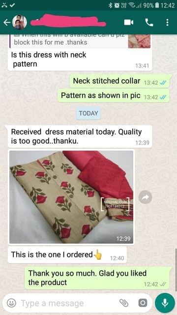 Received dress material today... Quality is too good... Thank you. -Reviewed on 13-May-2019