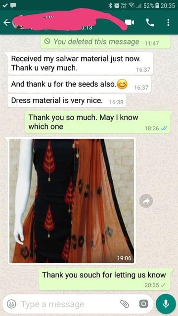 Received my salwar material just now... Thank you very much... And thank you for the seeds also... Dress material is very nice. -Reviewed on 20-May-2019
