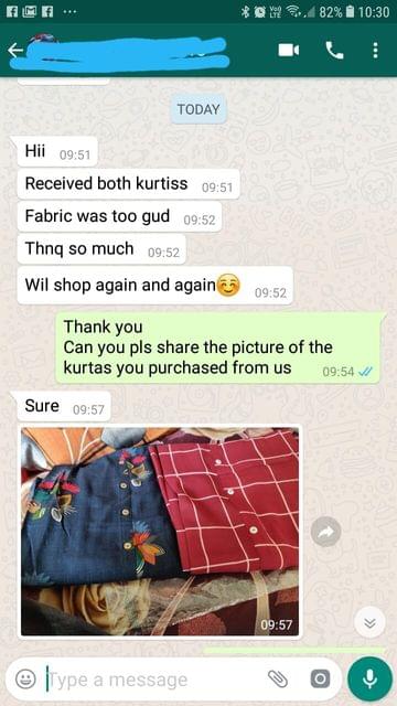 Received both Kurtis... Fabric was too good... Thank you so much... Will shop again and again...  -Reviewed on 23-May-2019