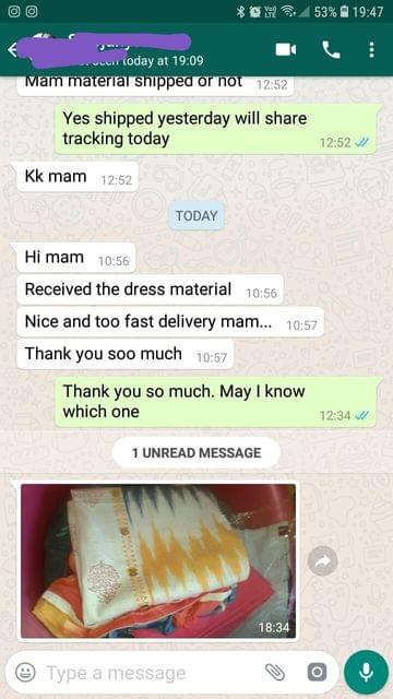 Received the dress material... Nice and too fast delivery... Thank you soo much. -Reviewed on 12-Jun-2019