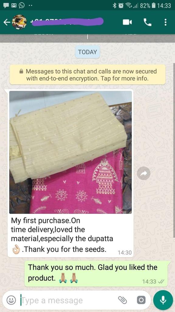 My first purchase... On time delivery... Love the material... Especially the dupatta nice... Thank you for the seeds. -Reviewed on 09-Jul-2019