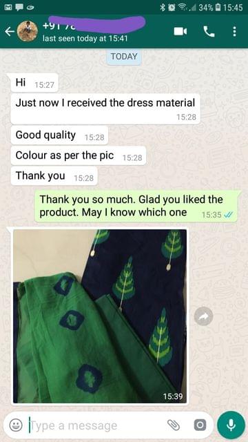Just now i received the dress material... Good quality... Colour as perfect the picture... Thank you. -Reviewed on 10-Jul-2019