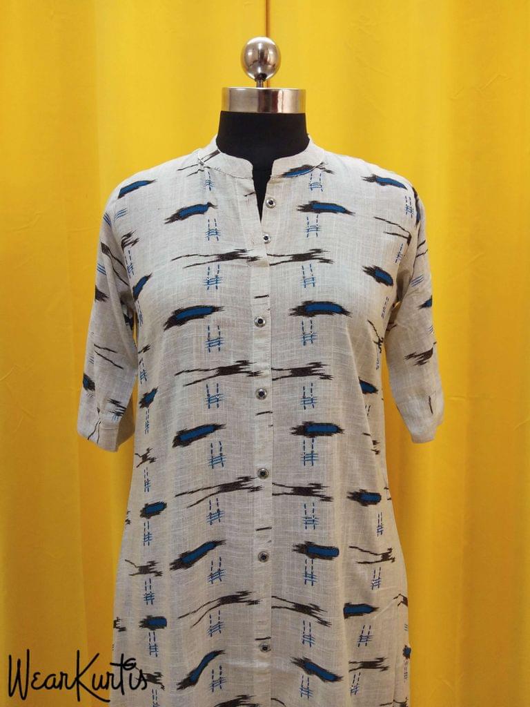Ikkat Printed Grey Liquid Fabric Kurti With sequence work on front side, front open placket (2 buttons can be unbuttoned) (Refer Size chart, 3rd pic before ordering, No Refund, No Return, No exchange, No cancellation), Mandarin collar, Height-44, elbow Sleeves, front and side slits.