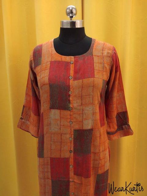 Printed Orange and Red Modal Fabric Kurti with front closed placket (Refer 3rd picture for measuring your fitting size, No Refund, No exchange, No cancellation), Round Neck, Height 43, 3/4 Sleeves with flaps, front and side slits.
