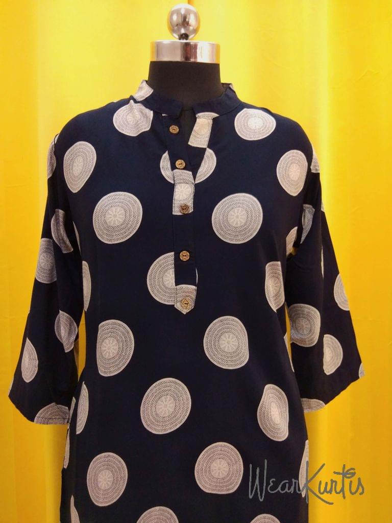 Printed Navy Blue Modal fabric Kurti with Front open placket(Refer Size chart, 3rd pic before ordering, No Refund, No Return, No exchange, No cancellation), Mandarin collar, Height 39, 3/4 sleeves, side slits.