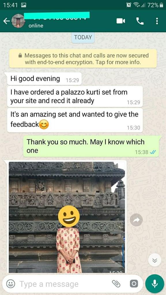 I have ordered a palazzo kurti set from your site and received already. Its amazing set and wanted to give feedback -Reviewed on 04-Sep-2019