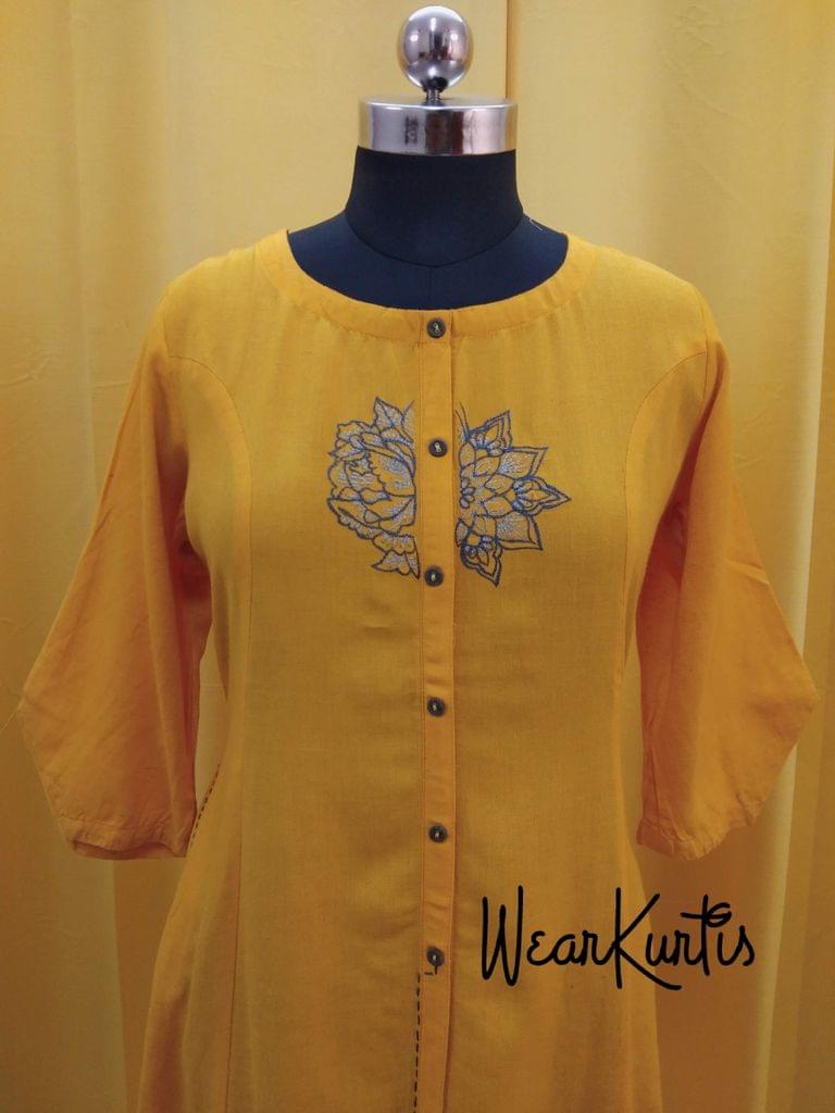 Designer Yellow Jute Flex Embroidred Kurti (Refer Size chart, 4th pic before ordering, No Refund, No Return, No exchange, No cancellation), Round neck, Princess Cut, Height 44, 3/4 Designer Sleeves (refer the 3rd pic),  front and slide slits. pockets on either side