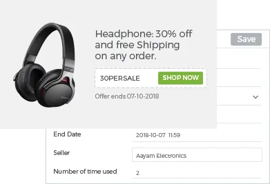 A headphone selling storefront & backend interface powered by StoreHippo showing time-specific promotion offer.