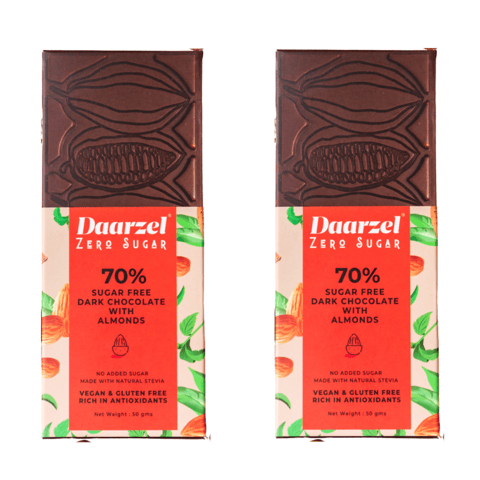 Dark Chocolate Sugar Free | 70% Cocoa With Almond | 2 x 50 gm | Vegan | Gluten Free