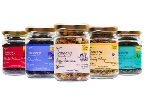 Tisane Herbal Tea Combo Of Jazzy Jasmine 10gm, Blue pea 10gm, Habibi Hibiscus 20gm, Beauty Sleep 20gm, Refreashing Spearmint 10gm