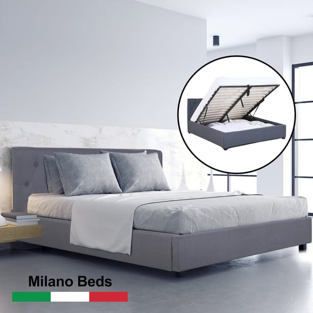 (SINGLE) Milano Capri Luxury Gas Lift Bed Frame Base And Headboard With Storage All Sizes - Grey
