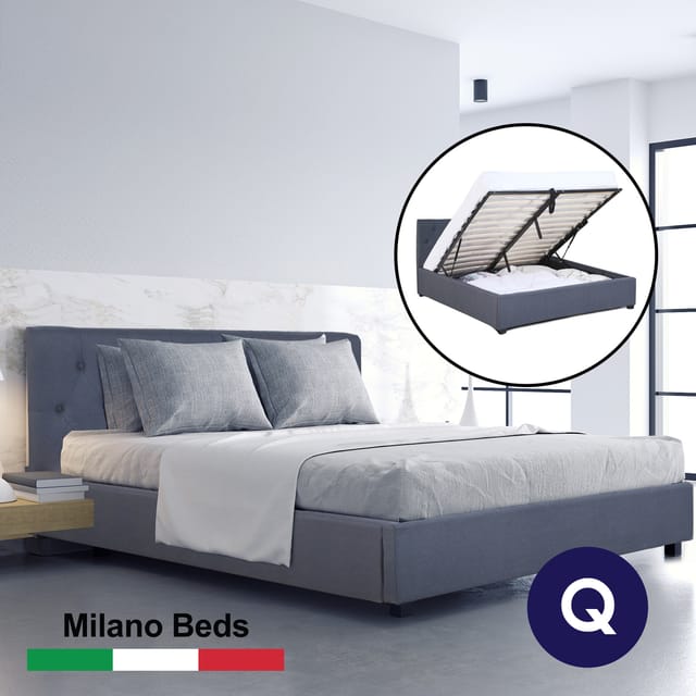 (QUEEN) Milano Capri Luxury Gas Lift Bed Frame Base And Headboard With Storage All Sizes - Charcoal