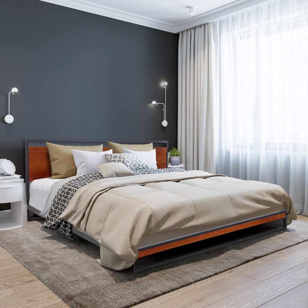 (DOUBLE) Milano Decor Azure Bed Frame With Headboard Black Wood Steel Platform Bed - Black