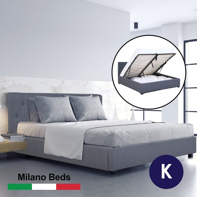 (KING) Milano Capri Luxury Gas Lift Bed Frame Base And Headboard With Storage All Sizes - Grey