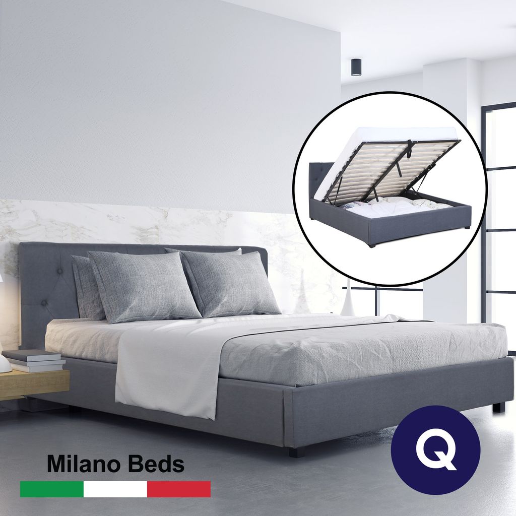 (QUEEN) Milano Capri Luxury Gas Lift Bed Frame Base And Headboard With Storage All Sizes - Grey