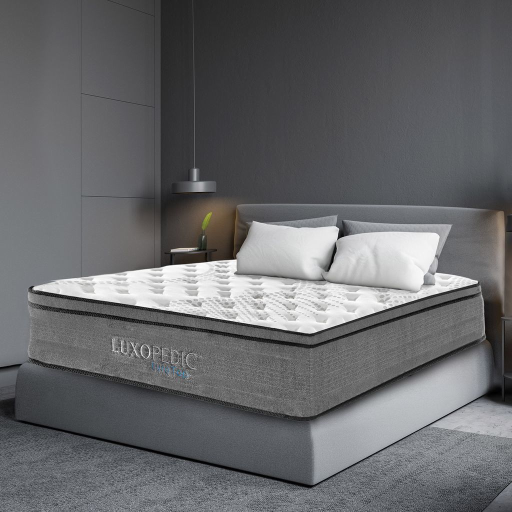 (DOUBLE) - Luxopedic Pocket Spring Mattress 5 Zone 32CM Euro Top Memory Foam Medium Firm - White  Grey