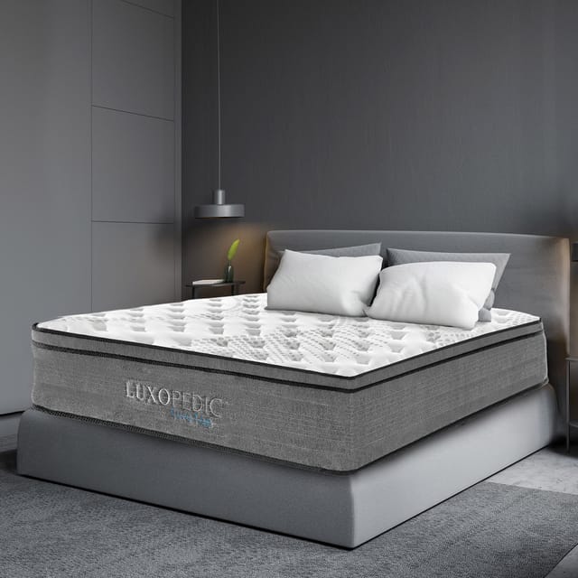 (DOUBLE) - Luxopedic Pocket Spring Mattress 5 Zone 32CM Euro Top Memory Foam Medium Firm - White  Grey