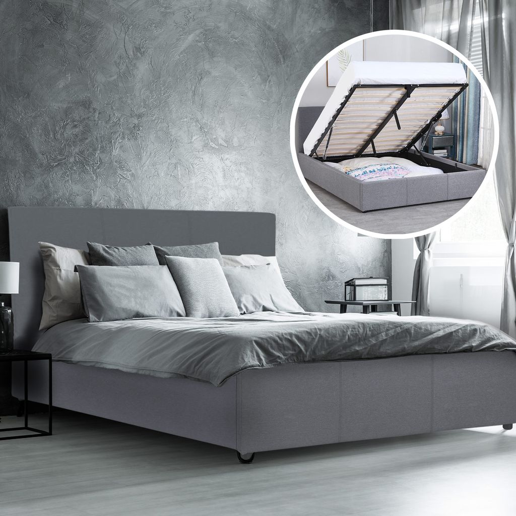 Milano Luxury Gas Lift Bed Frame Base And Headboard With Storage All Sizes - Queen - Grey