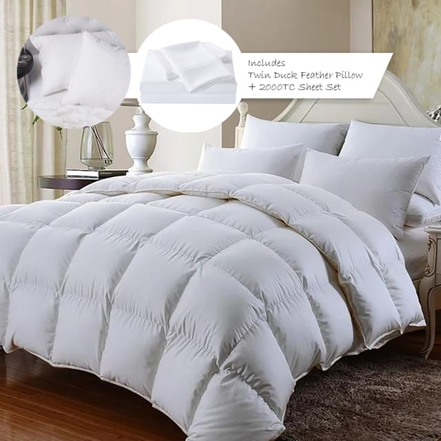 (SINGLE)Royal Comfort 350GSM Bamboo Quilt  2000TC Sheet Set And 2 Pack Duck Pillows Set - Single - White