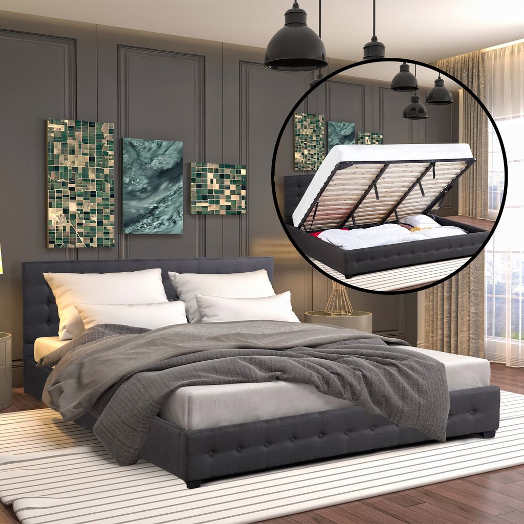Milano Decor Eden Gas Lift Bed With Headboard Platform Storage Dark Grey Fabric - Single - Dark Grey