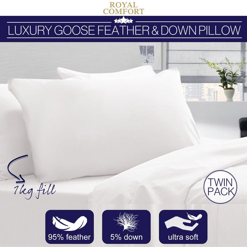 Royal Comfort Goose Down Feather Standard Size Twin Pillowcase Cotton 1000GSM