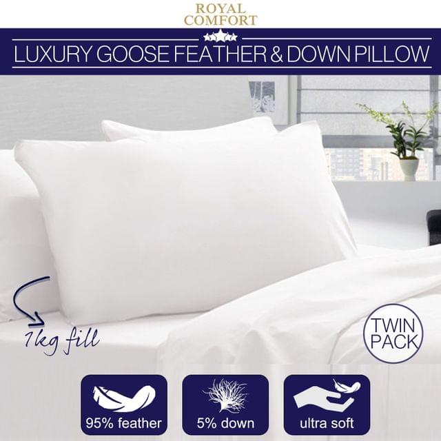 Royal Comfort Goose Down Feather Standard Size Twin Pillowcase Cotton 1000GSM