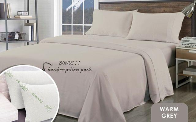 Royal Comfort Bamboo Blend Sheet Set 1000TC and Bamboo Pillows 2 Pack Ultra Soft - Queen - Warm Grey