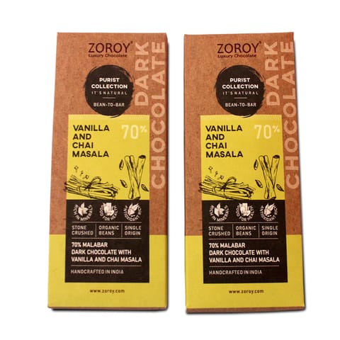 70% Organic Dark chocolate with Vanilla and Chai masala - 116 gms, (Set of 2)