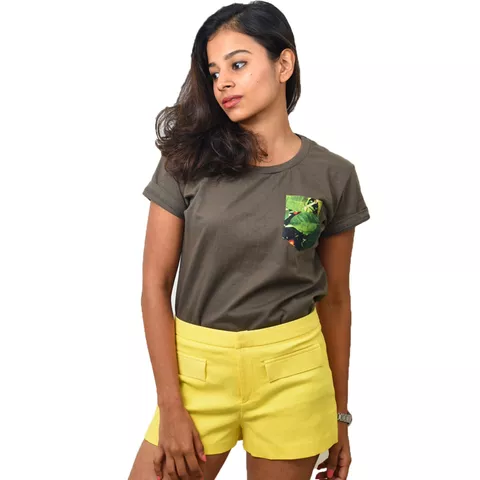 Olive Green Coffee Printed Pocket Women's T-shirt
