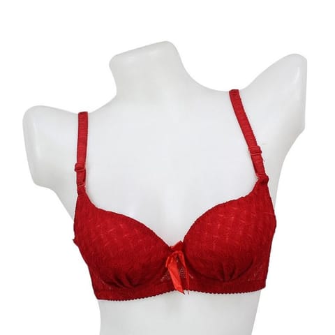 Red Solid Lace Design Padded Bra For Women