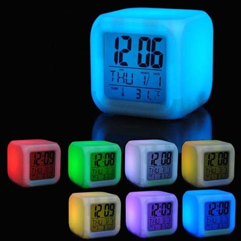 LED Color Changing Digital Alarm Clock, Thermometer & Date Cube Shaped 3
