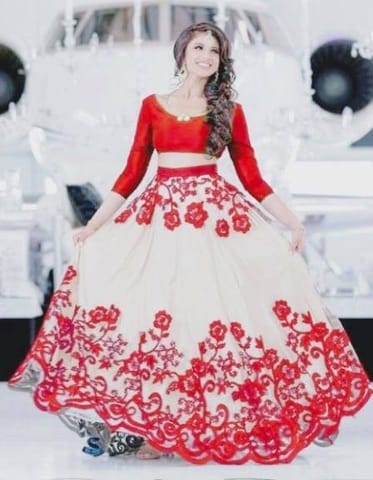 Red/White Embroidered Semi Stitched Net Lehenga With Shawl For Women
