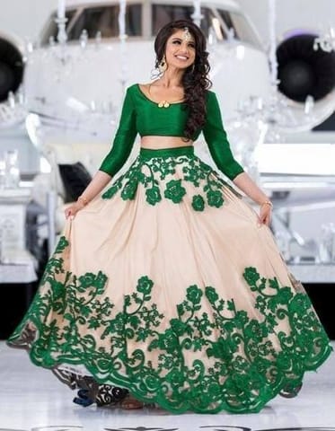Green Embroidered Semi Stitched Net Lehenga With Shawl For Women