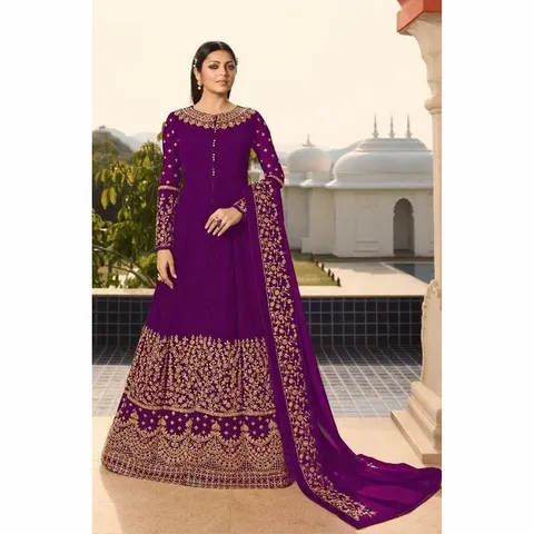 Mulberry Purple Embroidered Semi-Stitched Anarkali Gown & Shawl Set For Women