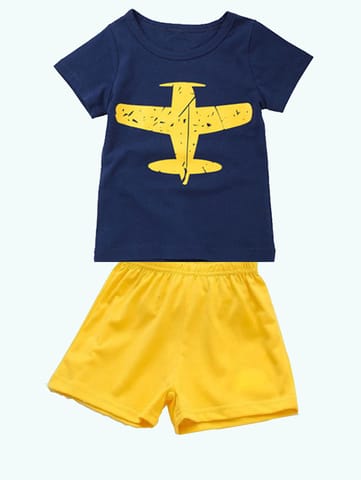 Cotton Printed T-shirt and Strechable Plain Half Pant Clothing Set For Boys (New Year Offer)