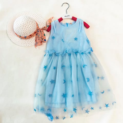 Melange Net Moon And Star Embroid Dress For Kids