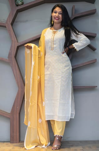 Melange Elegant White And Yellow Kurta Set For Women
