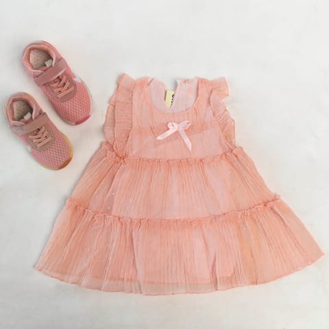 Melange Peach Pink Cute Net Dress For Kids