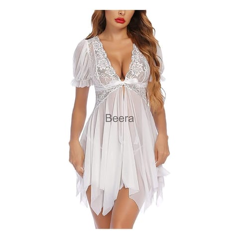 Sleepwear Womens Chemise Nightgown Full Lace Sling Dress Sexy Babydoll Lingerie With G-String Panty For Honeymoon/First Night/Anniversary Free Size White Color