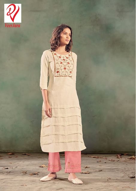 Cream Kurti With Peach Pink Pant For Women