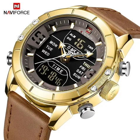 NaviForce NF9153 Double Time MultiFunction Watch with Leather Strap – Golden