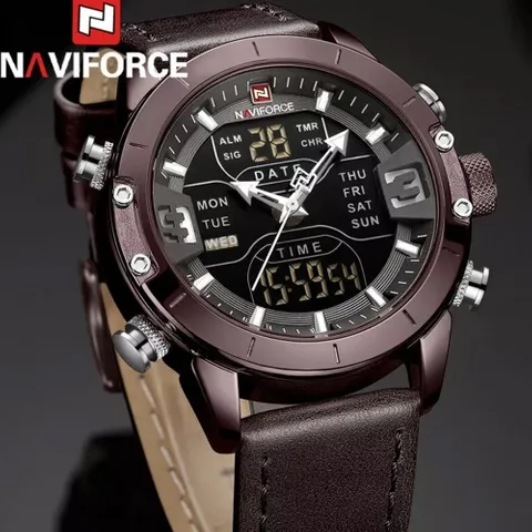 NaviForce NF9153 Double Time MultiFunction Watch with Leather Strap – Coffee
