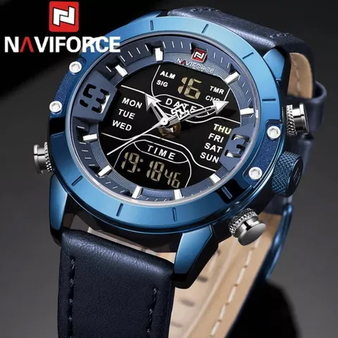 NaviForce NF9153 Double Time MultiFunction Watch with Leather Strap – Blue